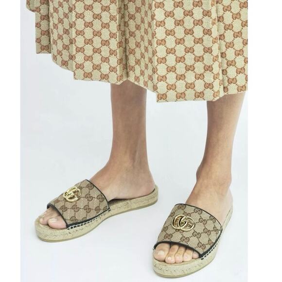 GUCCI Monogram Matelasse GG Marmont Espadrille Slide Sandals Size 38 Beige Black - Picture 10 of 16